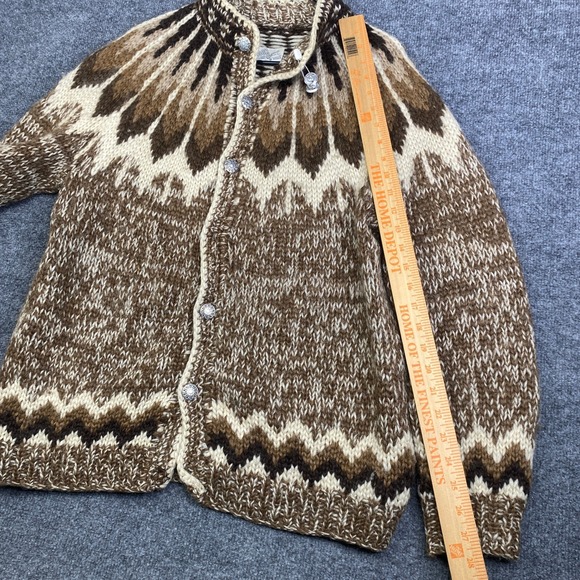 VTG Icelook Icelandic Wool Handknit Cardigan Sweater Brown Fair Isle Mens Large - Picture 7 of 8